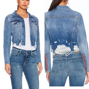 Etienne Marcel Denim Zipper Sleeve Crop Jacket Distressed Raw Hem Cotton XS